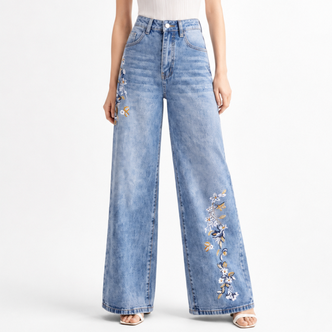 Women's High Waist Side Studded Wide Leg Jeans