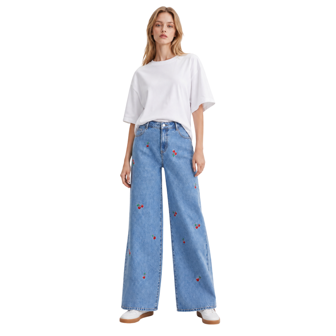 Women's High Waist Cherry Embroidered Wide Leg Jeans
