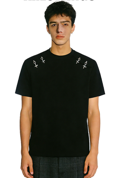 Men's Summer Heavy Solid Crewneck Flight Button Loose Tee