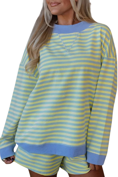 Women Summer Stripe Lounge Sweatshirt and Shorts Set