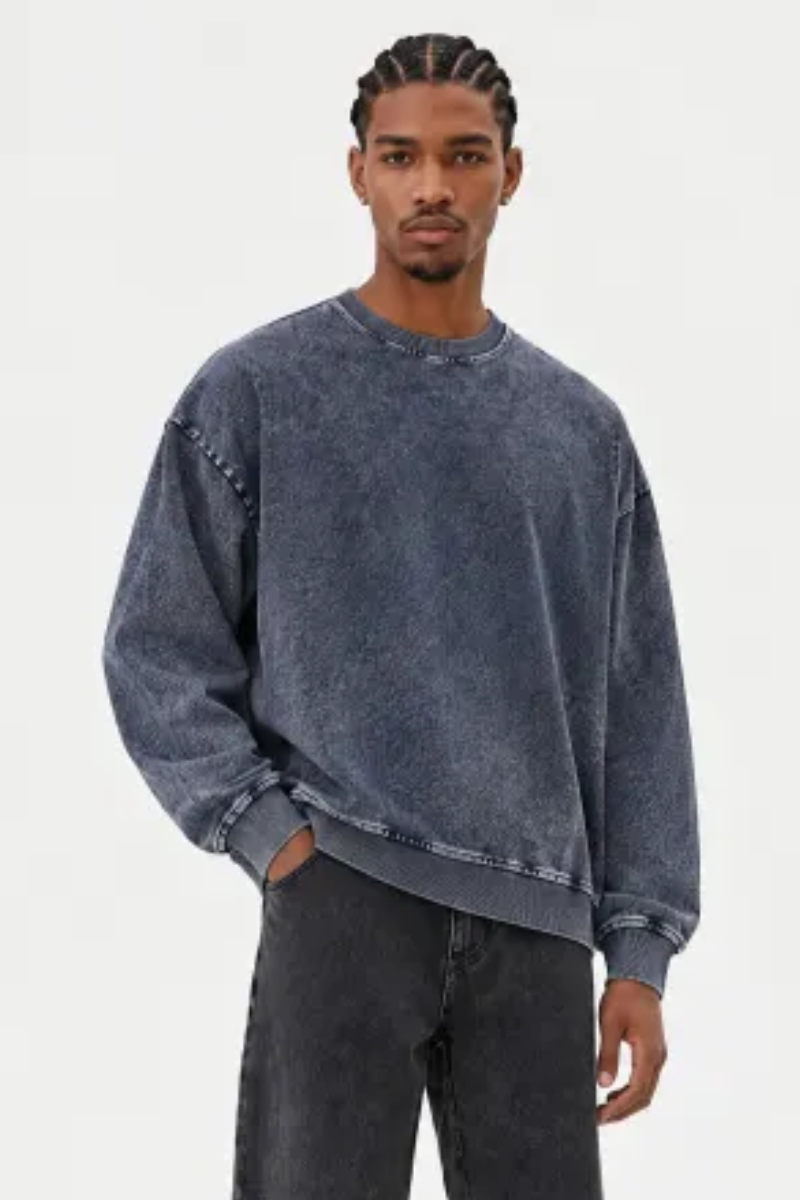 Men Fall Clothing Heavy Knit Denim Washed Sweatshirt