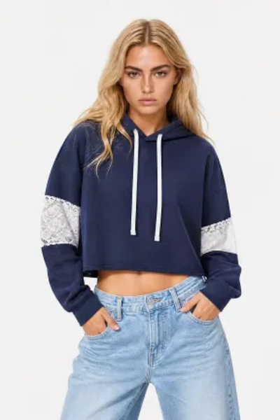 Women Fall Lace Sleeve Cropped Drawstring Pullover Hoodie