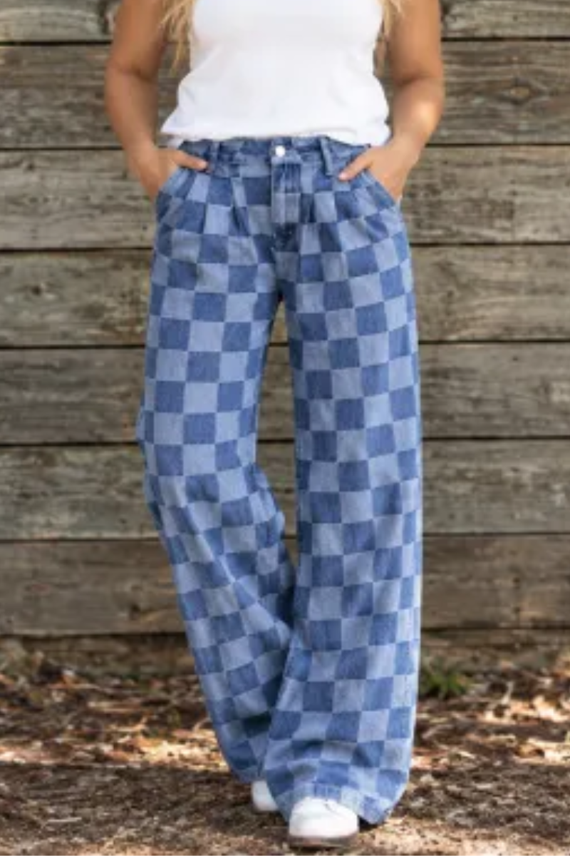 Women Fall Clothing Vintage Checkerboard Wide Leg Jeans