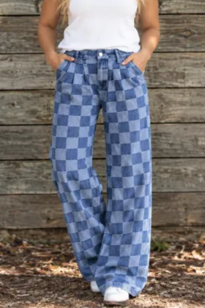 Women Fall Clothing Vintage Checkerboard Wide Leg Jeans