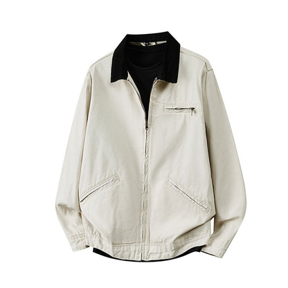 Men's Spring Contrast Collar Washed Denim Work Jacket