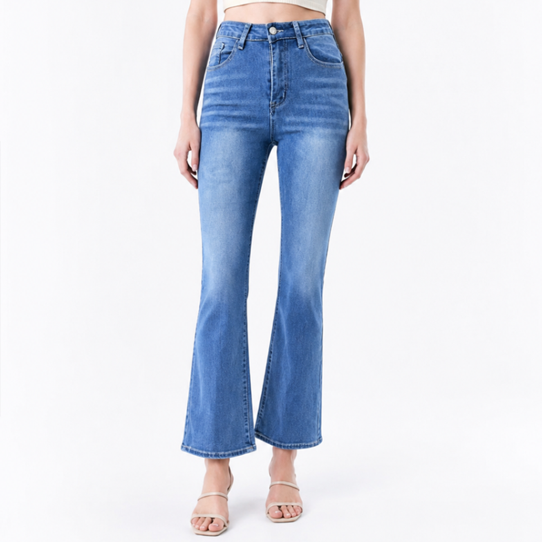 Women's High Waist Stretch Embroidered Pockets Flare Jeans