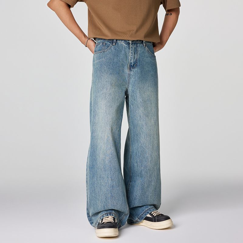 Men's Spring Light Blue Vintage Washed Wide-Leg Denim Jeans