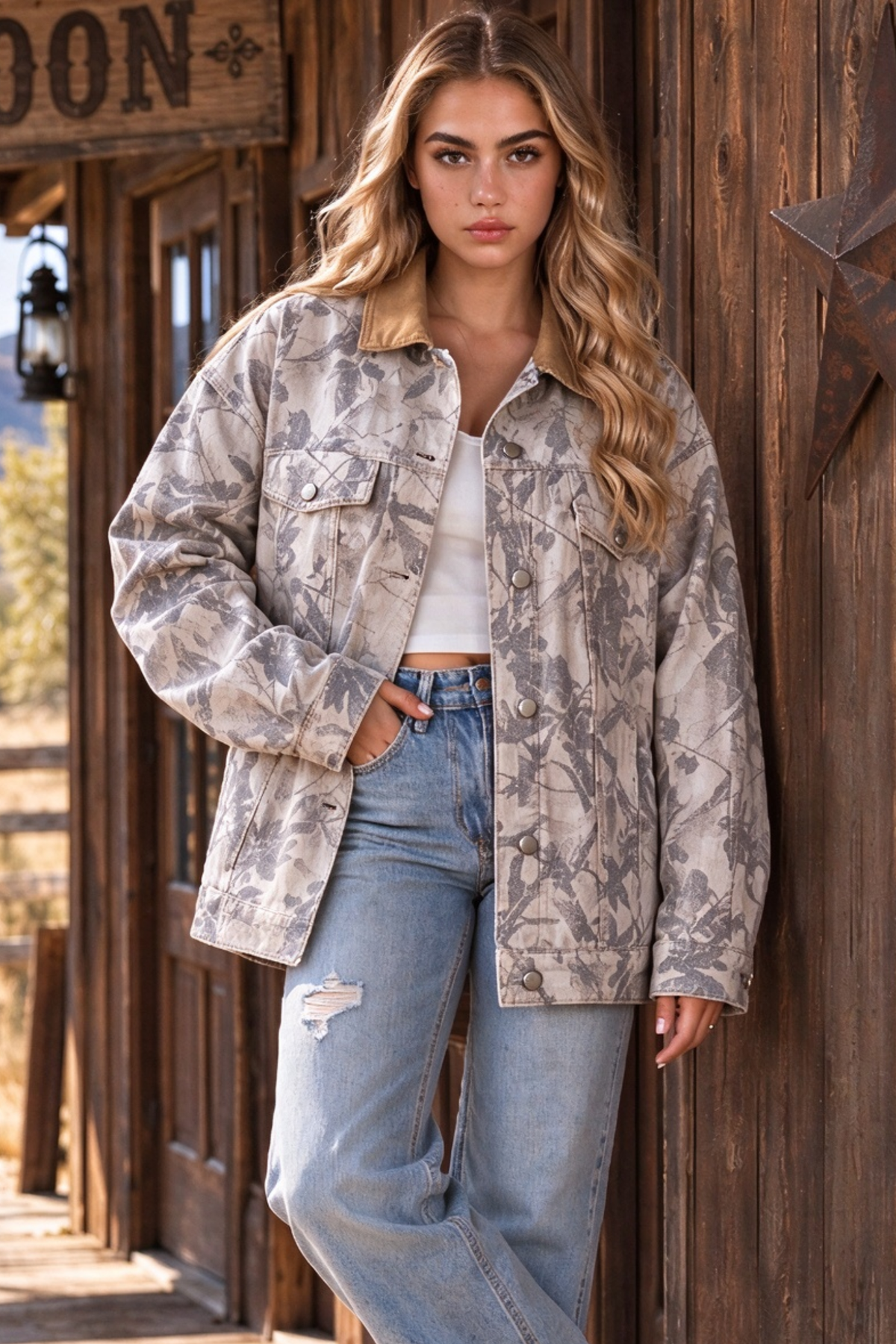 Women's Fall Camo Print Lapel Long Sleeve Denim Jacket