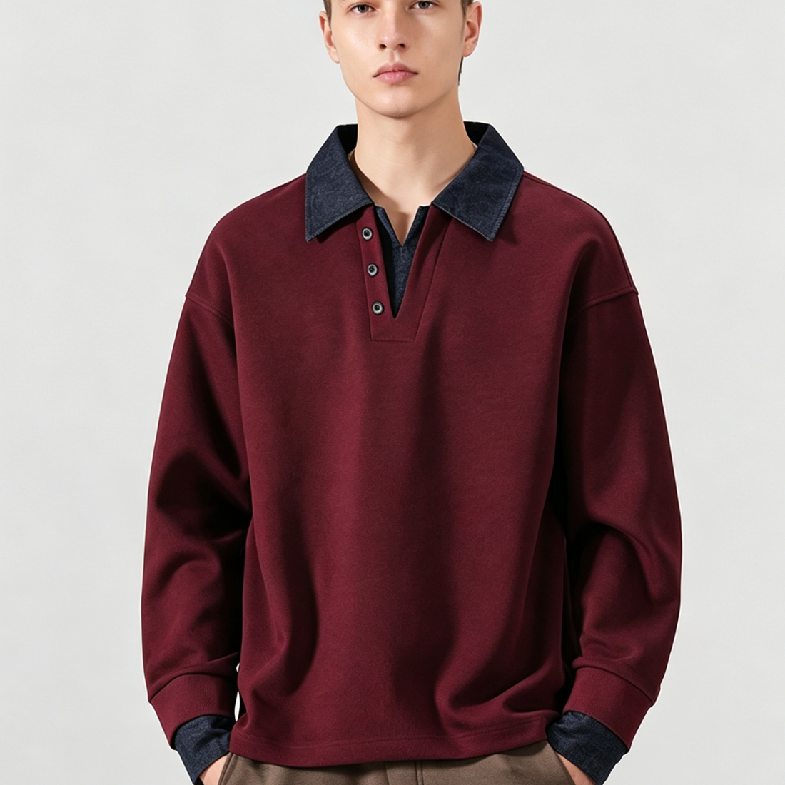 Men's Spring Denim-Collar Half-Button Loose Polo Sweatshirt
