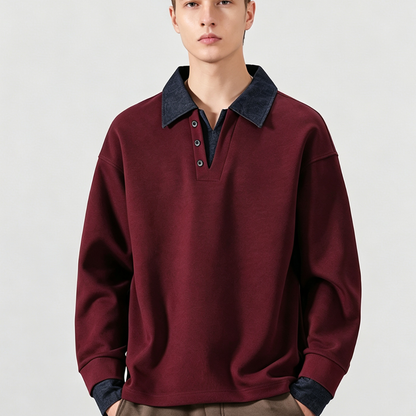 Men's Spring Denim-Collar Half-Button Loose Polo Sweatshirt