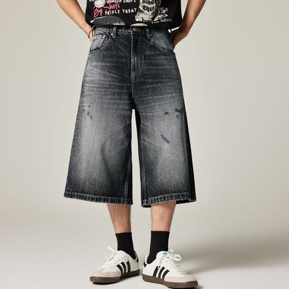 Men's Summer Gradient Cat Whisker Distressed Denim Shorts