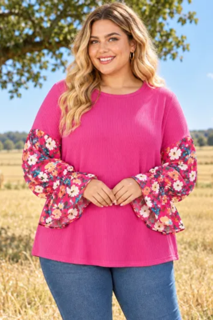 Women Fall Clothing Plus Size Floral Sleeve Knit Top