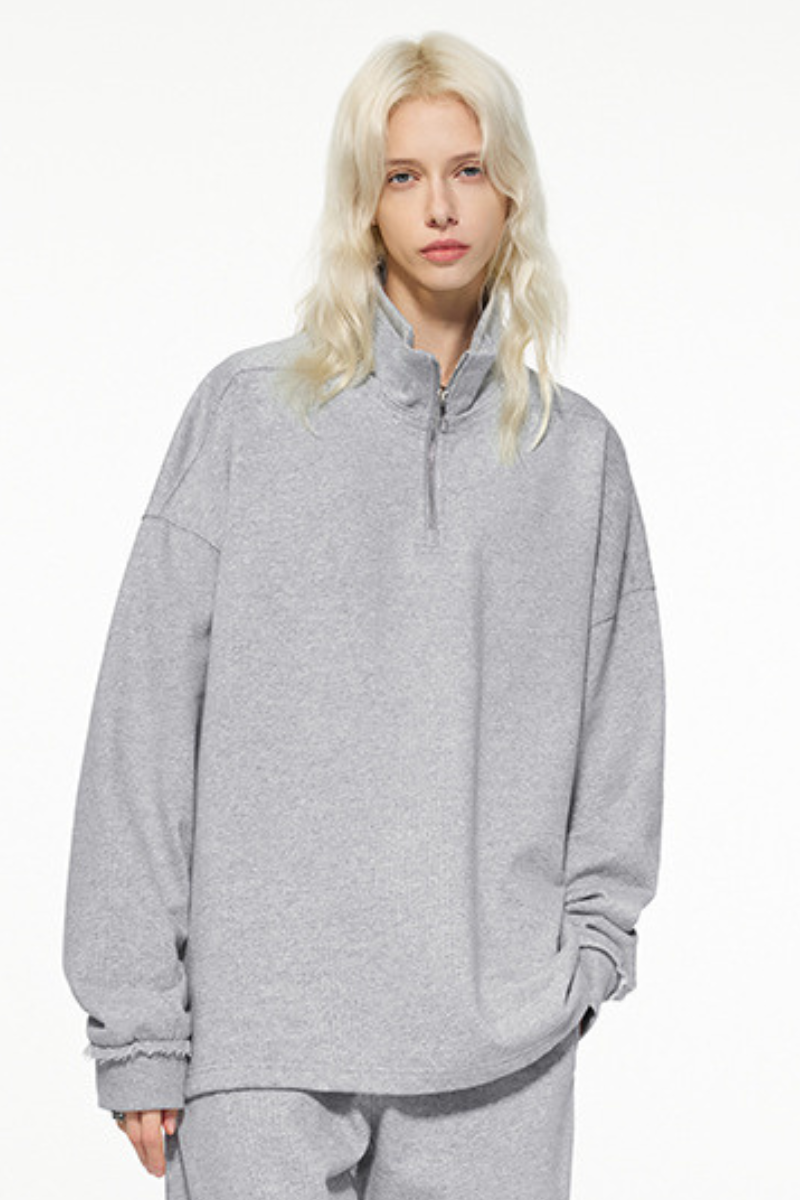 Women's Summer 450g Half Zip Raw Edge StandCollar Sweatshirt