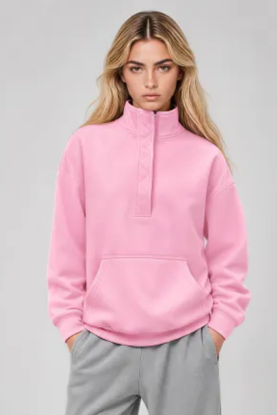 Women Fall Half Zip Snap Button Kangaroo Pocket Sweatshirt
