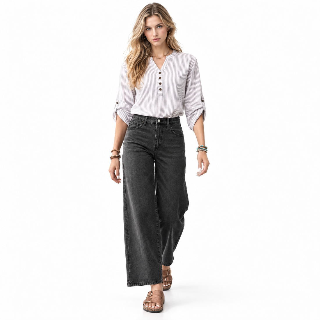 Women's Vintage Washed Black High Waist Wide Leg Jeans