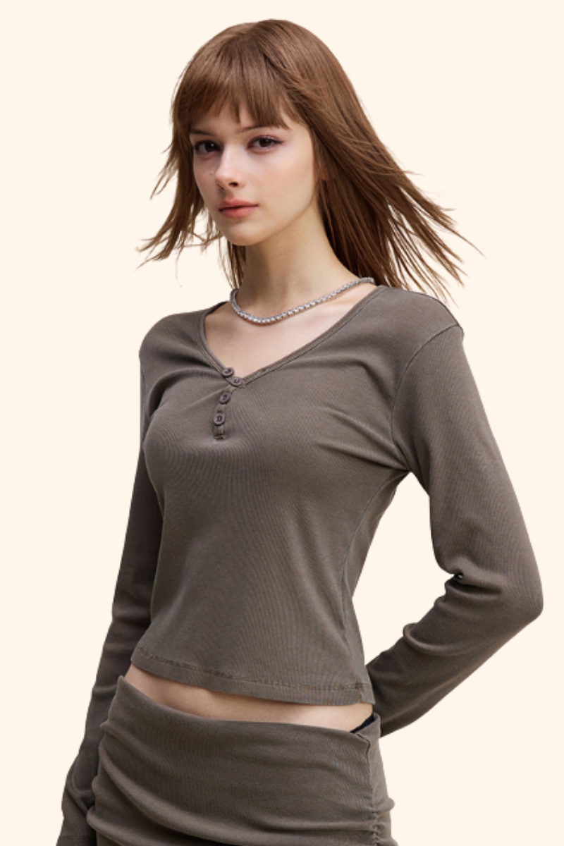 Women's 275g Sexy V-Neck Button Long Sleeve Slim Knit Top