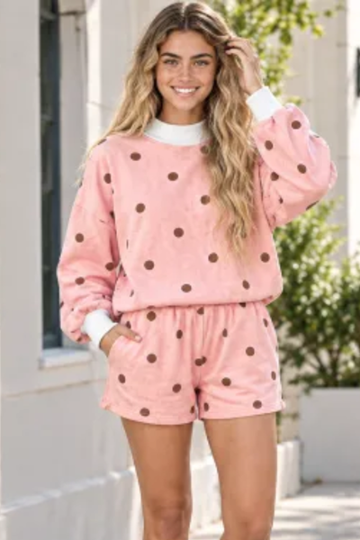 Women Summer Polka Dot Mock Neck Sweatshirt Shorts Set