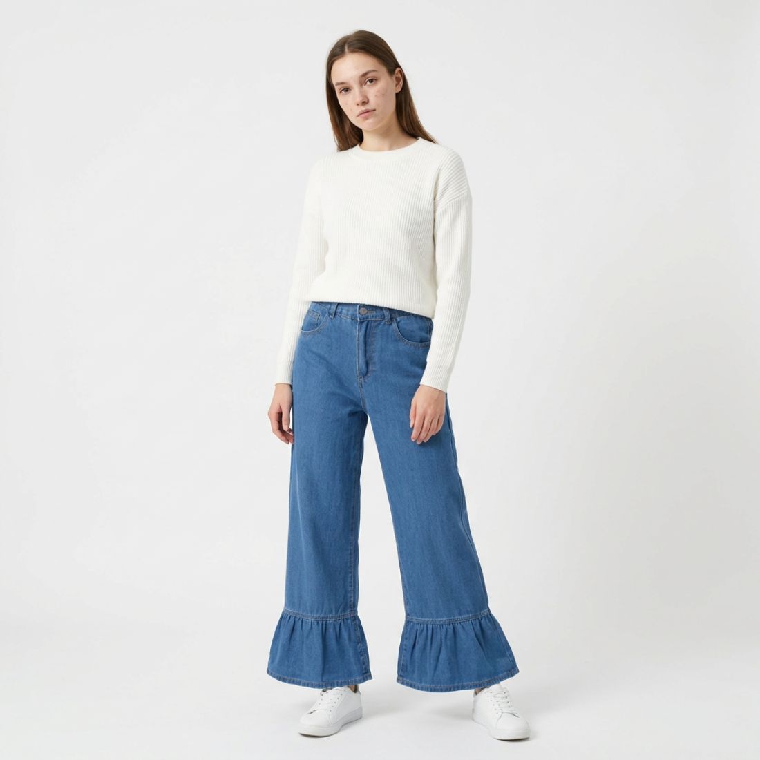 Women's High Waist Ruffle Hem Wide Leg Jeans