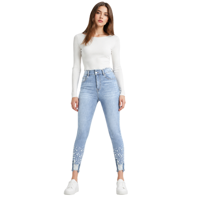 Women's High Waist Pearl Embellished Stretch Skinny Jeans