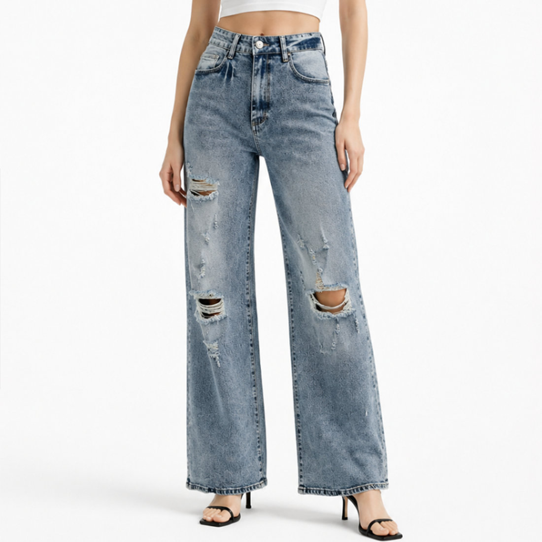 Women's High Waist Distressed Ripped Wide Leg Jeans
