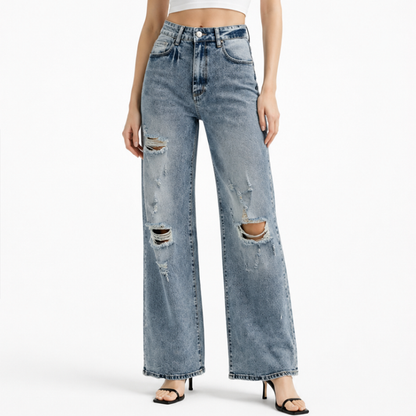 Women's High Waist Distressed Ripped Wide Leg Jeans