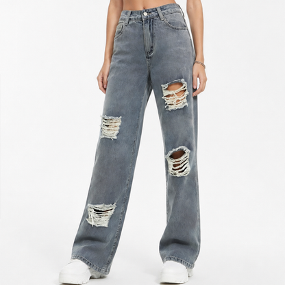 Women's High Waist Distressed Ripped Wide Leg Jeans