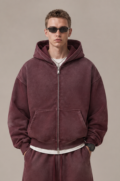 Men Fall Clothing Spray Wash Distressed Zip Hoodie