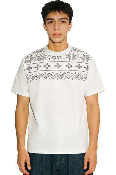 Men's Summer 320g Mock Neck Fair Isle Jacquard Vintage Tee