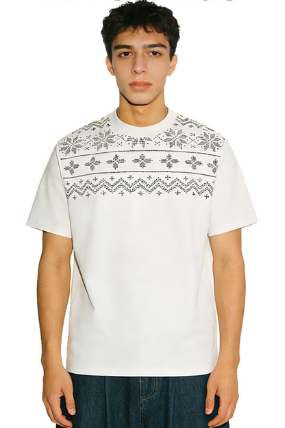 Men's Summer 320g Mock Neck Fair Isle Jacquard Vintage Tee