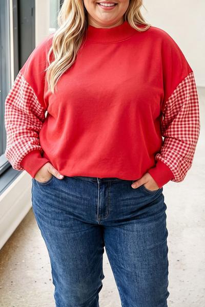 Women Spring Plus Size Gingham Sleeve Mock Neck Sweatshirt