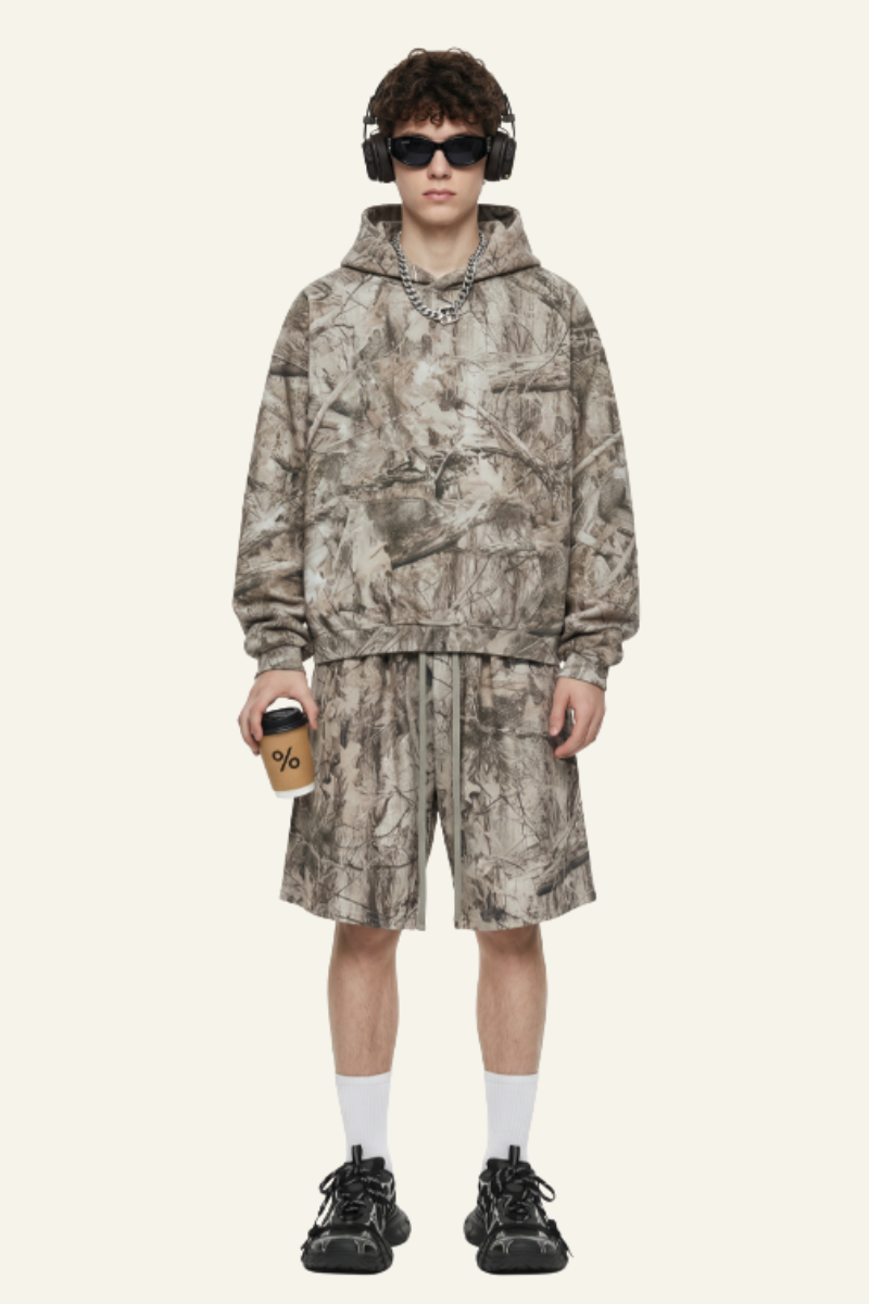 Men's  Camouflage Set:Fleece-Lined Hoodie And Shorts