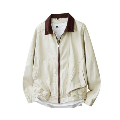 Men's Spring Contrast Collar Washed Denim Work Jacket
