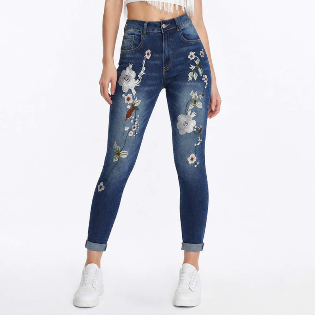 Women's Vintage High Waist Floral Embroidered Skinny Jeans