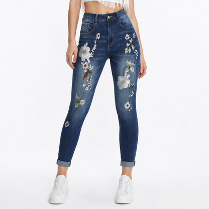 Women's Vintage High Waist Floral Embroidered Skinny Jeans