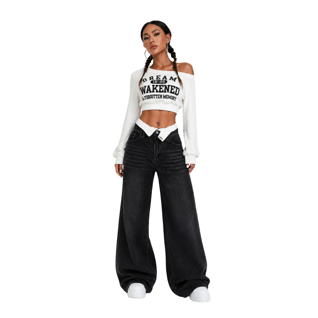 Women's double-waistband loose wide-leg jeans
