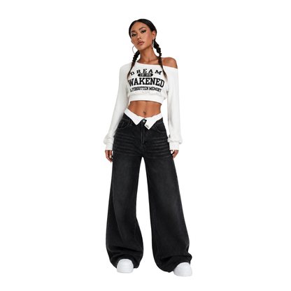 Women's double-waistband loose wide-leg jeans
