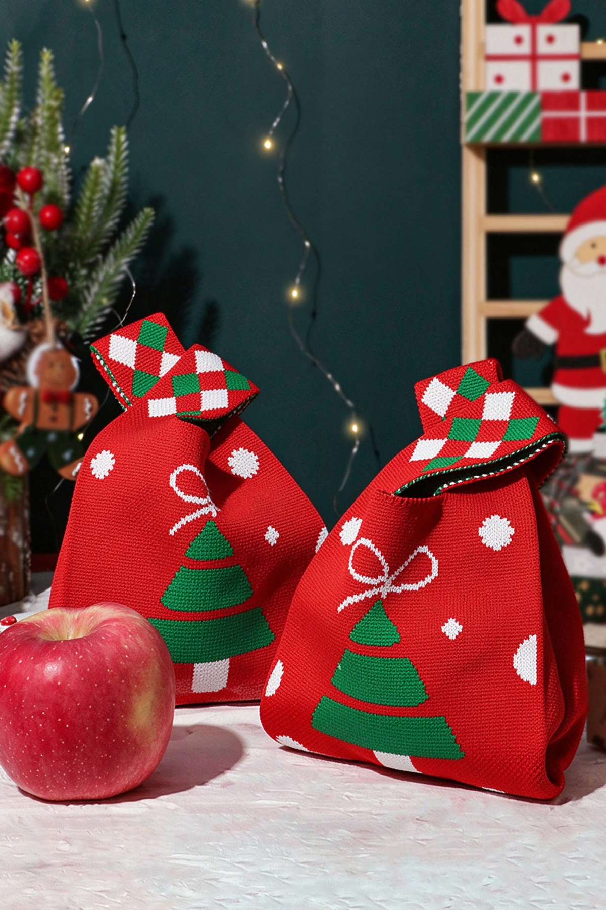 Unisex Christmas Knitted Apple Pouch Gift Packaging Bag