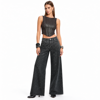 Women's Vintage Washed High Waist Rhinestone Wide Leg Jeans