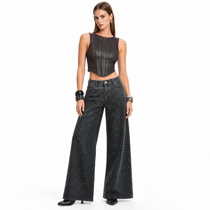 Women's Vintage Washed High Waist Rhinestone Wide Leg Jeans