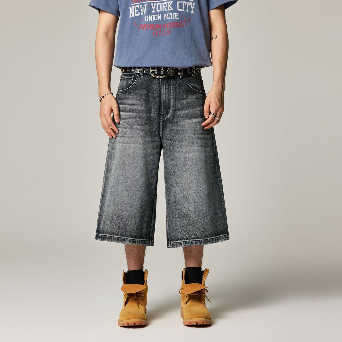 Men's Summer Gradient Cat Whisker Wide-Leg Denim Shorts