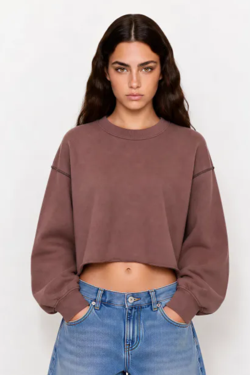 Women Spring Raw Hem Exposed Seam Cropped Sweatshirt