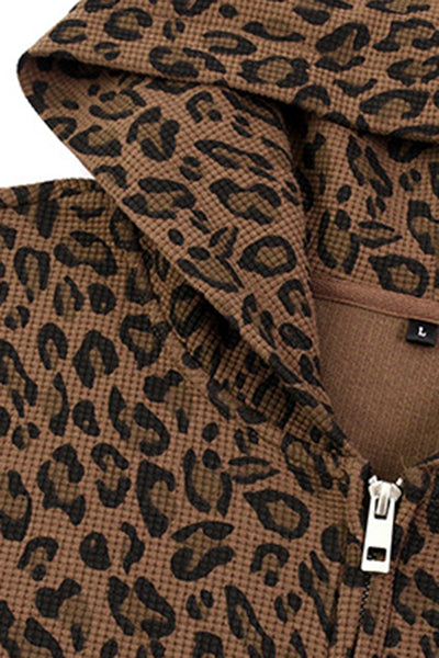 Women's Fall Winter Leopard-Print Zip-Up Hooded Jacket
