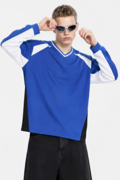 Men Spring Mesh Color Block Long Sleeve Soccer Jersey