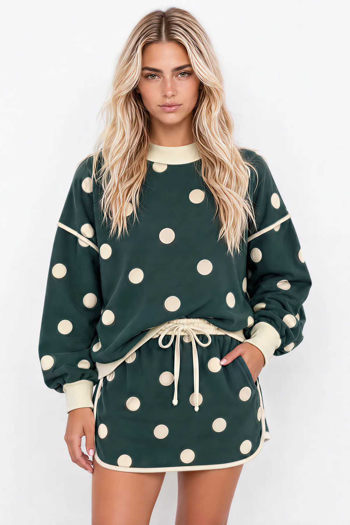 Women Spring Polka Dot Mock Neck Curved Hem Skirt Set