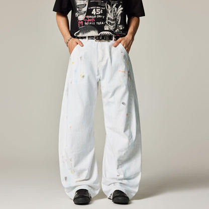 Men's Spring White Hand-Painted Splatter Denim Jeans