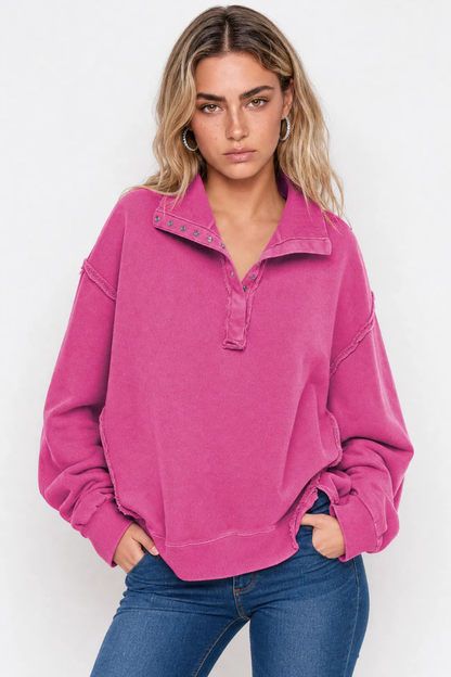 Women Fall Washed Vintage Half Button Polo Sweatshirt