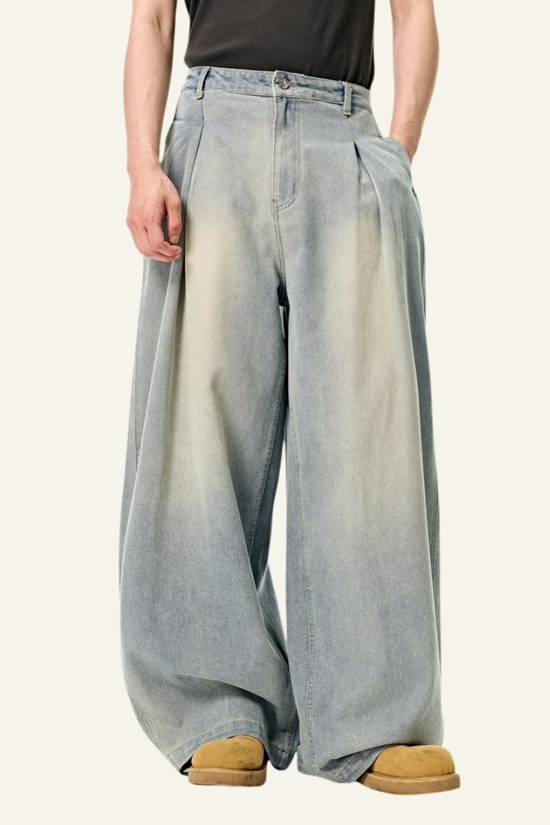 Men's Streetwear Washed Vintage Pleated  Wide Leg Jeans