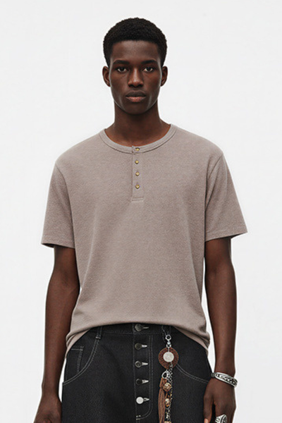 Men's Summer Button Placket Oversized Tee - Natural Fabric
