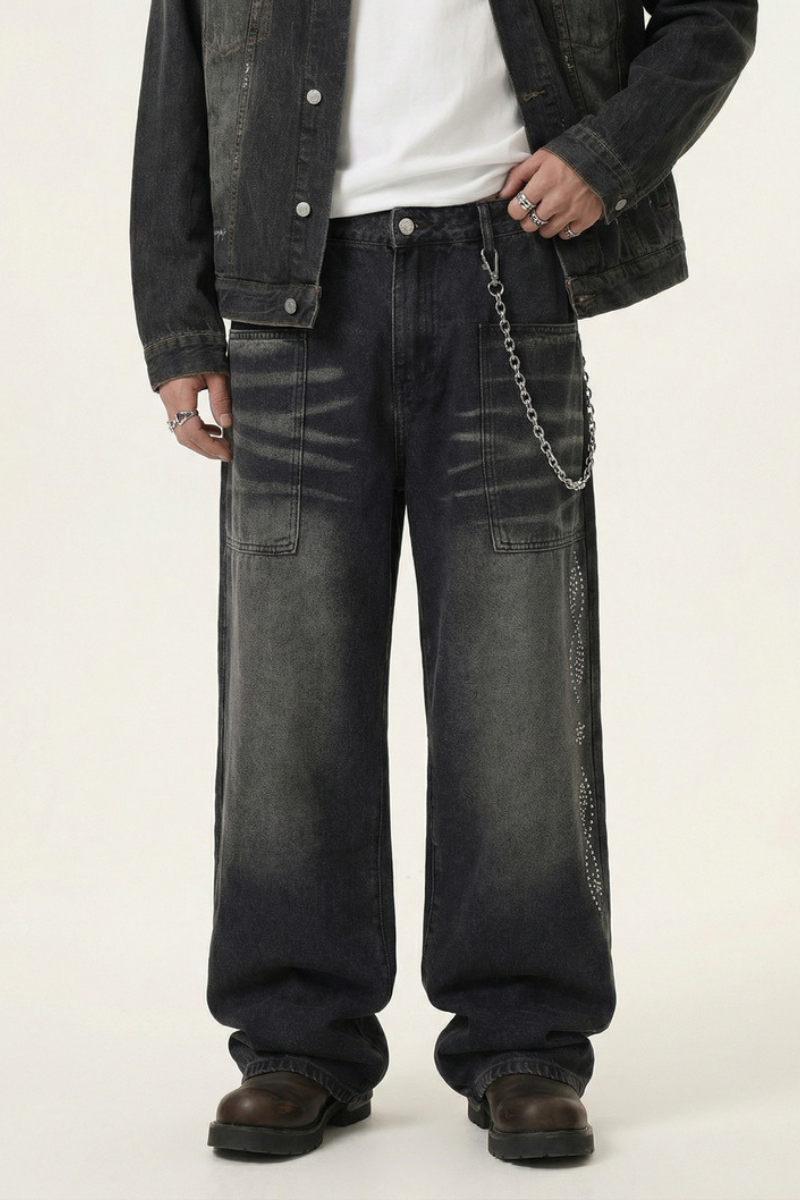 Men's Spring Summer Washed Pocket Rhinestone Wide Leg Jeans