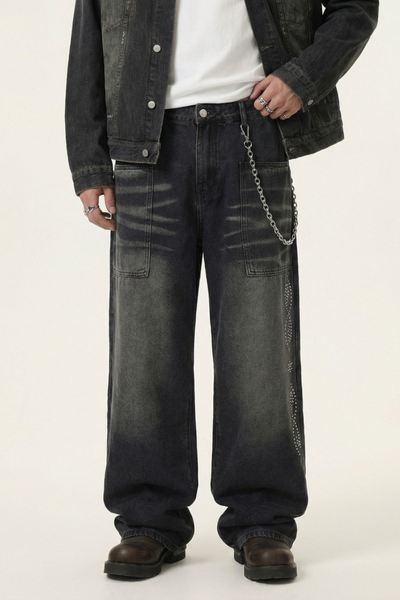 Men's Spring Summer Washed Pocket Rhinestone Wide Leg Jeans